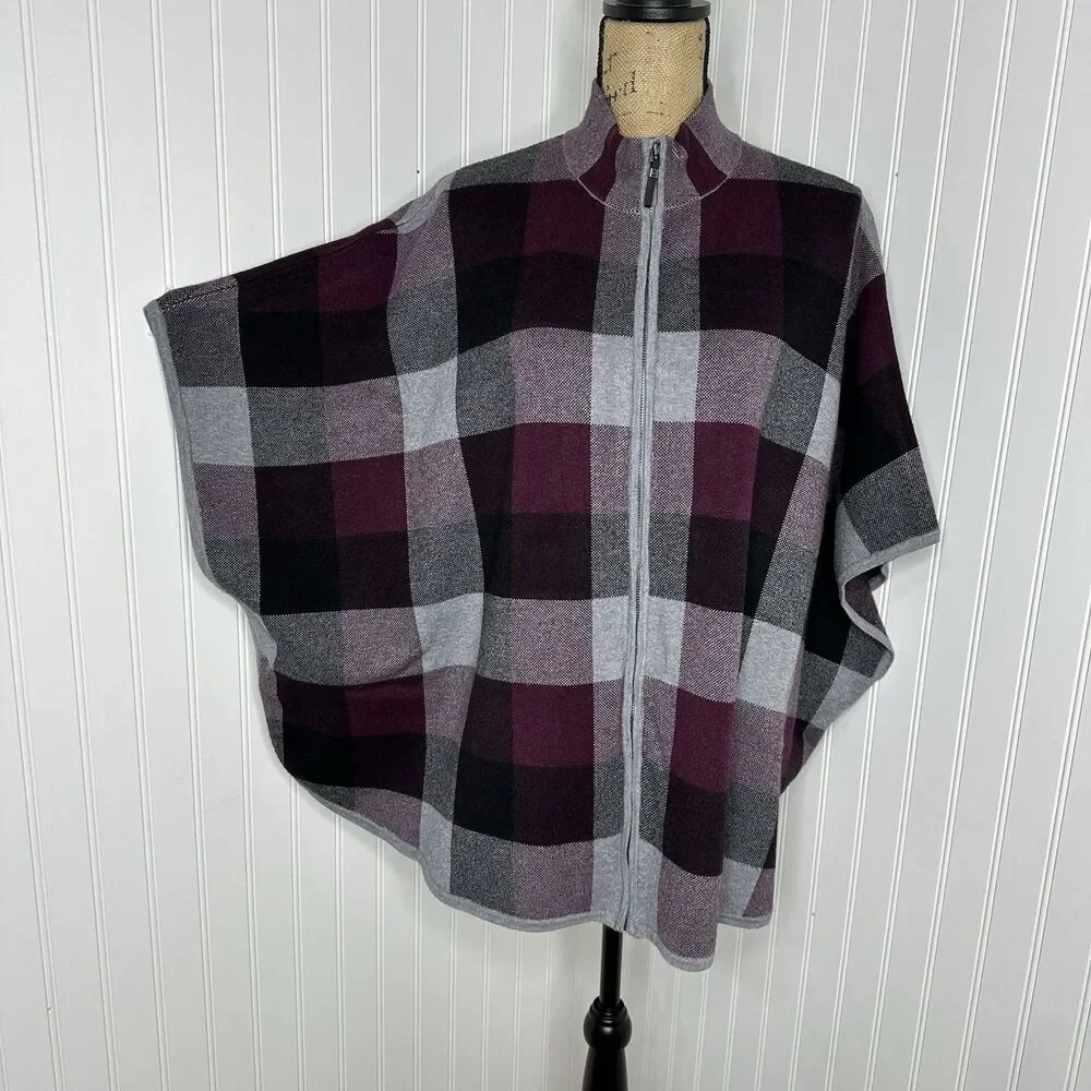 Tahari Plaid Zip Up Poncho Sweater Sz L XL Fall Stadium Game Layer Preppy Travel